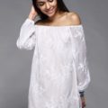 Off The Shoulder Puff Sleeve Embroidered Casual Wedding Dress