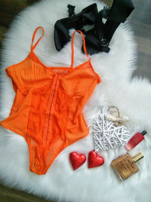 Orange Front Clasp Lace Corset Bodysuit 